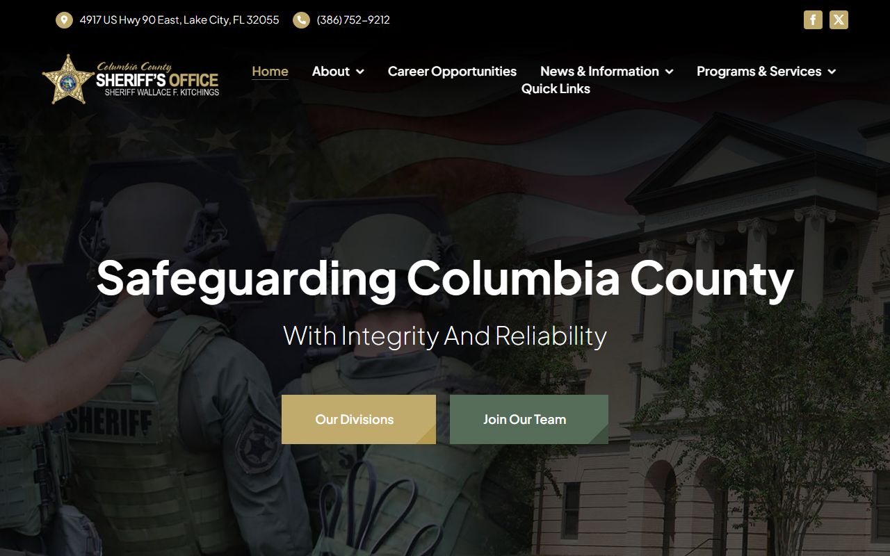 Columbia County Sheriff's Office homepage linking the jail roster and inmate records