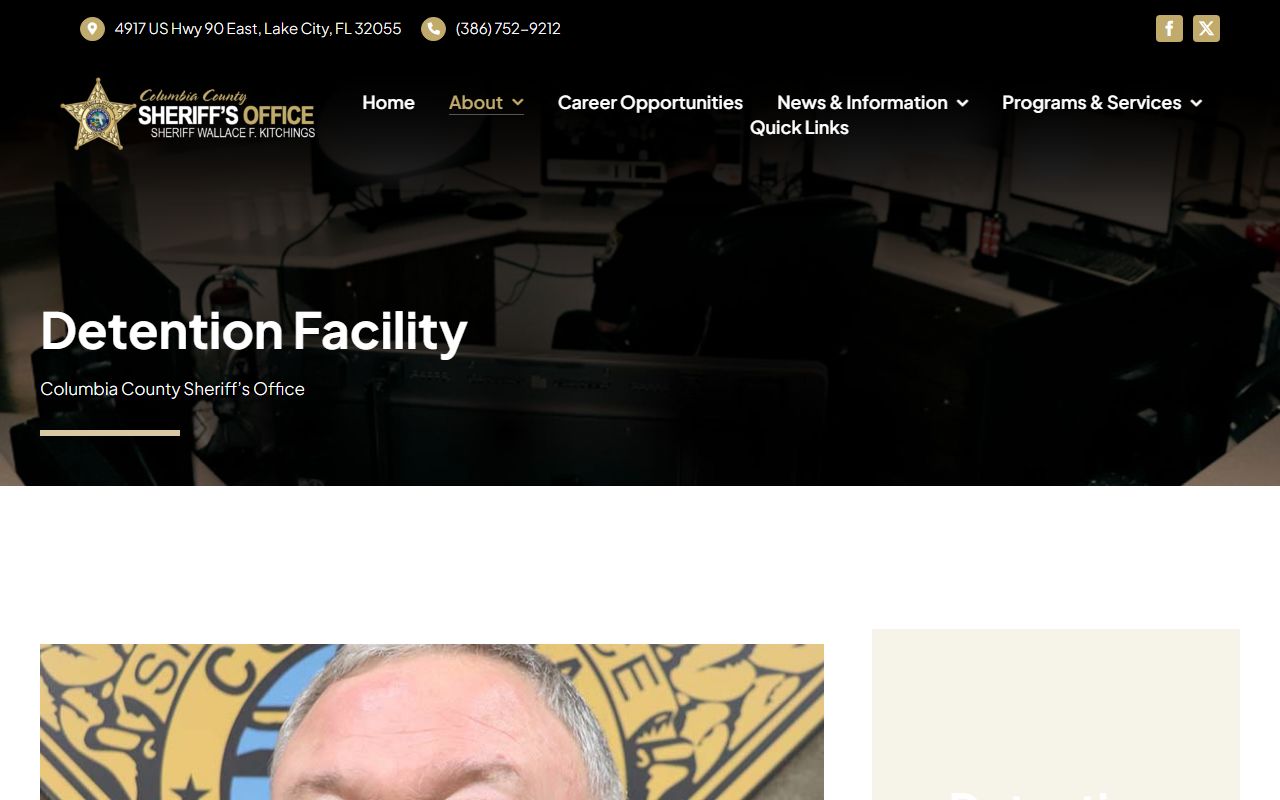 Columbia County Detention Facility overview page showing jail capacity and inmate services