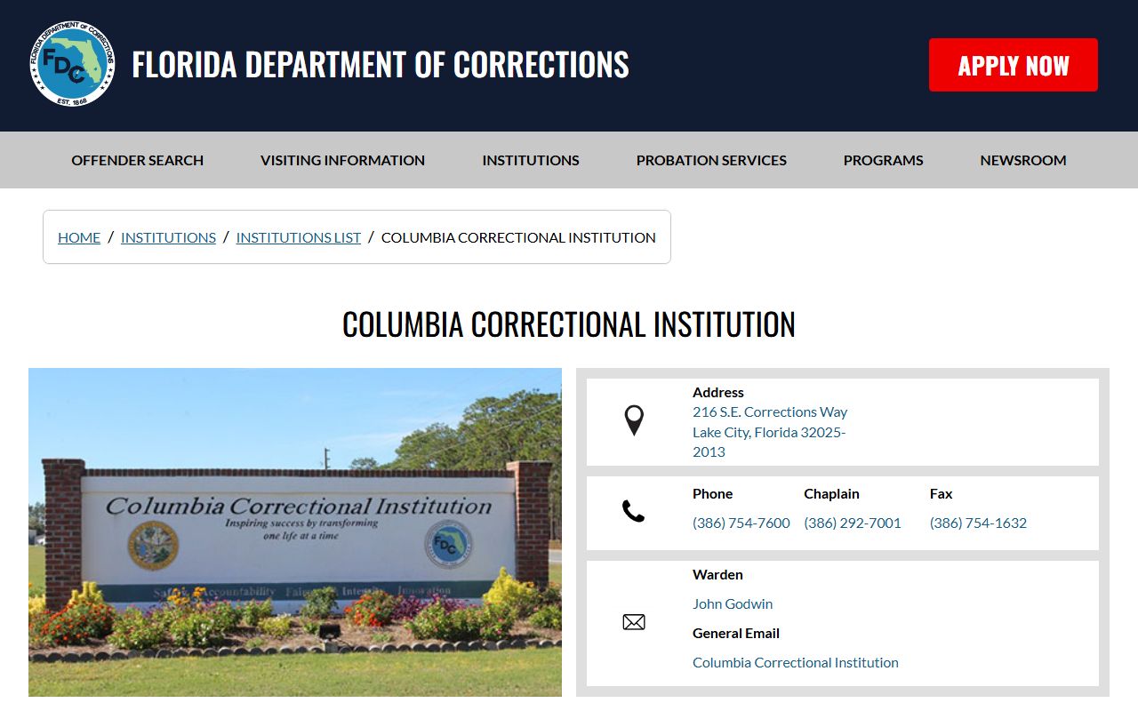 Florida Department of Corrections Columbia Correctional Institution state prison page with capacity and visitation details