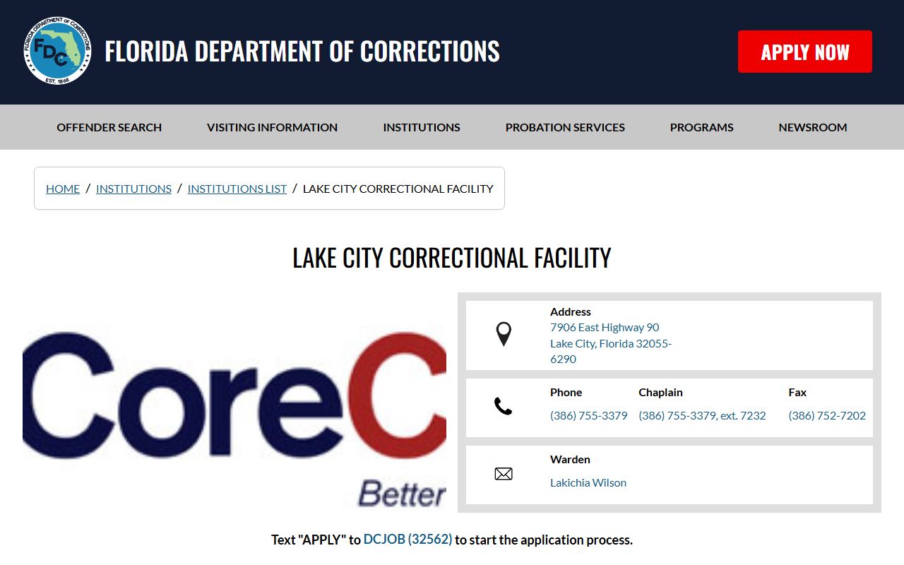 Lake City Correctional Facility FDC inmate population page with address, phone, capacity, and youthful offender details